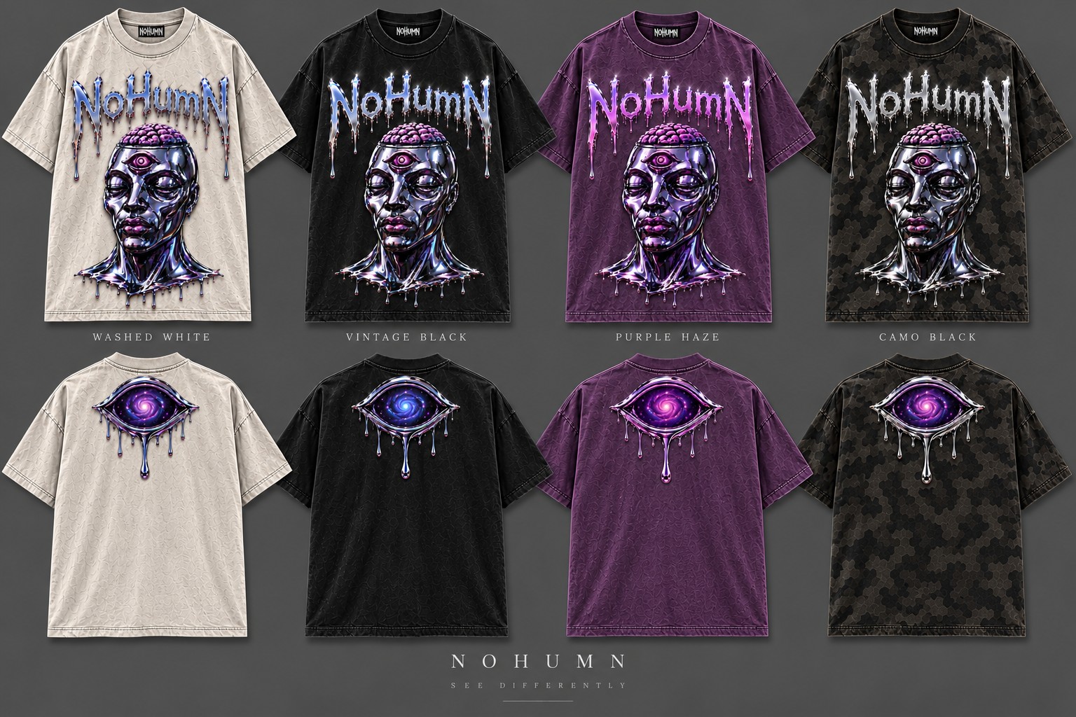 NOHUMN oversized shirts in four colors featuring a chrome figure and cosmic eye artwork
