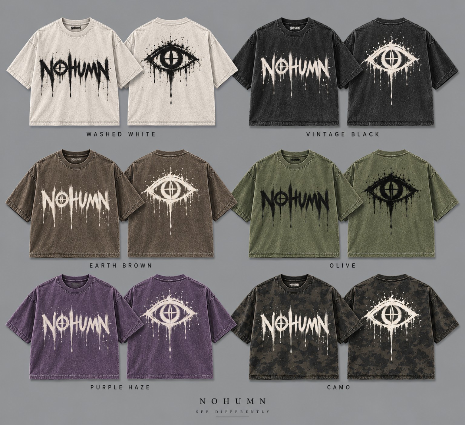 NOHUMN oversized streetwear shirts in washed white, vintage black, earth brown, olive, purple haze and camo with dripping logo and eye artwork