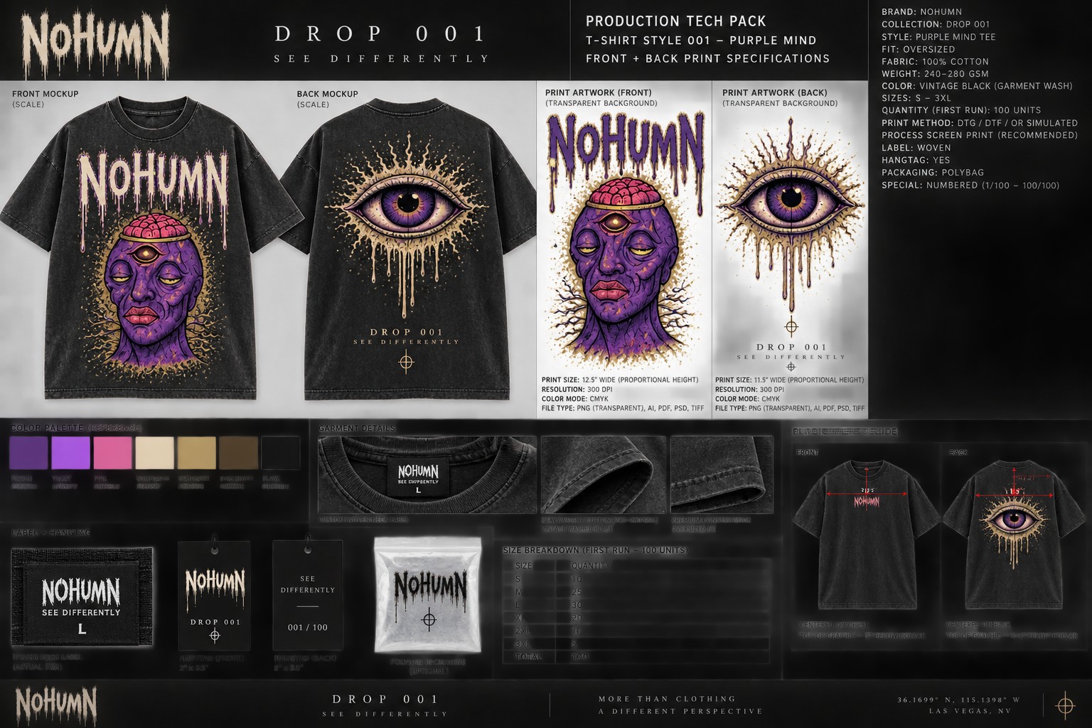 NOHUMN Drop 001 Purple Mind production tech pack showing front and back artwork, colors, labels and garment specifications