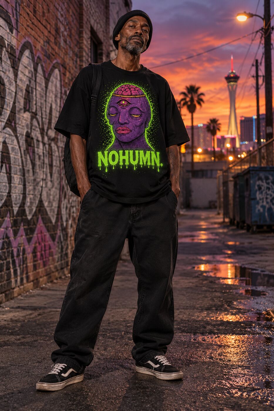 Adult streetwear model wearing the black NOHUMN glow shirt in a Las Vegas alley