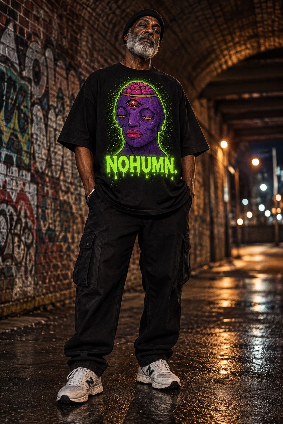 Older adult streetwear model wearing the black NOHUMN glow shirt beneath a brick arch