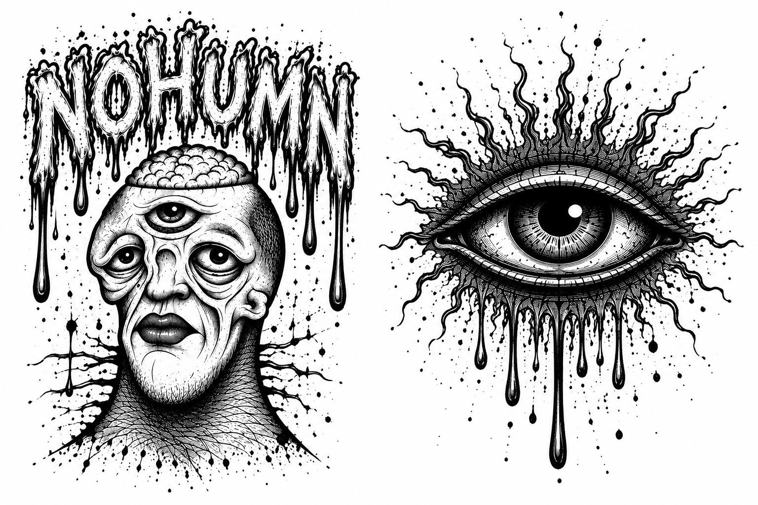 Black and white NOHUMN dripping logo, three-eyed figure and dripping eye illustration