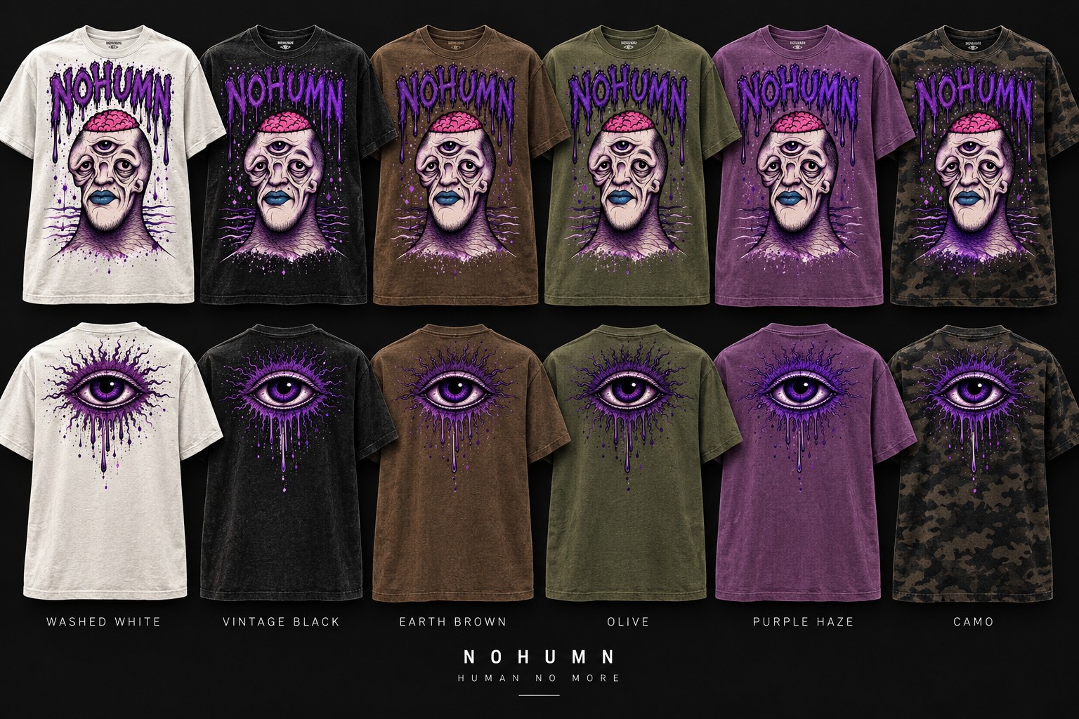 Six NOHUMN Purple Mind oversized shirt colorways with purple figure on front and dripping eye on back